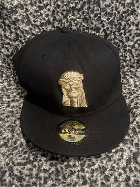 Choice of Black Snapback Hat with Gold Jesus Medallion or Praying Hands